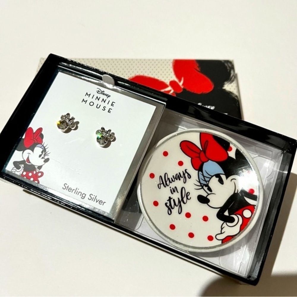 Disney Minnie Mouse Earrings and Trinket Tray Sterling Silver with CZ